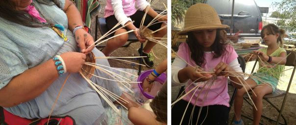 Youth learn basket weaving from a Tongva elder during L.A. Rooted's 2013 summer camp.  